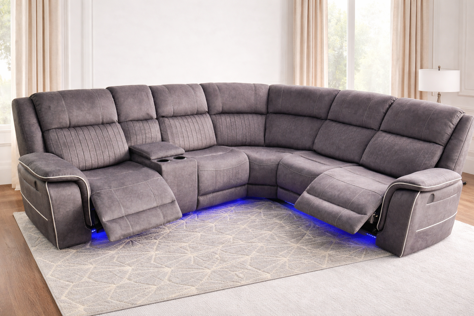 Hannah Electric Corner Sofa Grey Micro Fibre Fabric With Cupholders – LED Lights & USB Ports