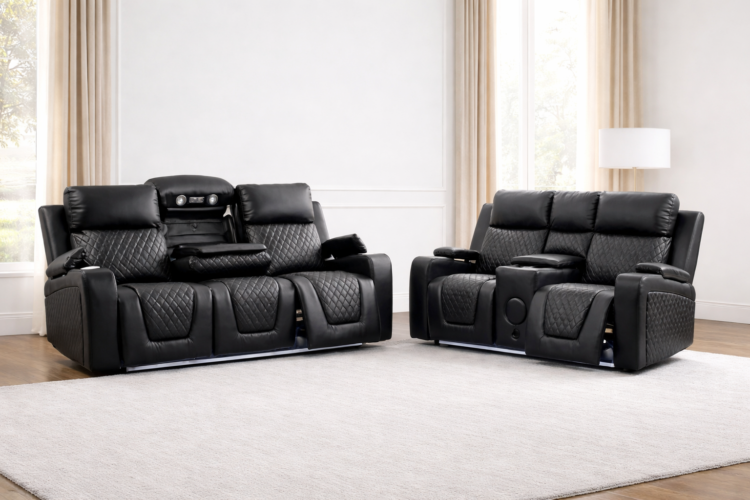 Florida Leather Electric Recliner Sofa Set with Cupholders, LED Lights, Wireless Charging, Bluetooth Speakers, and USB Ports – 3+2 Seater (Black)