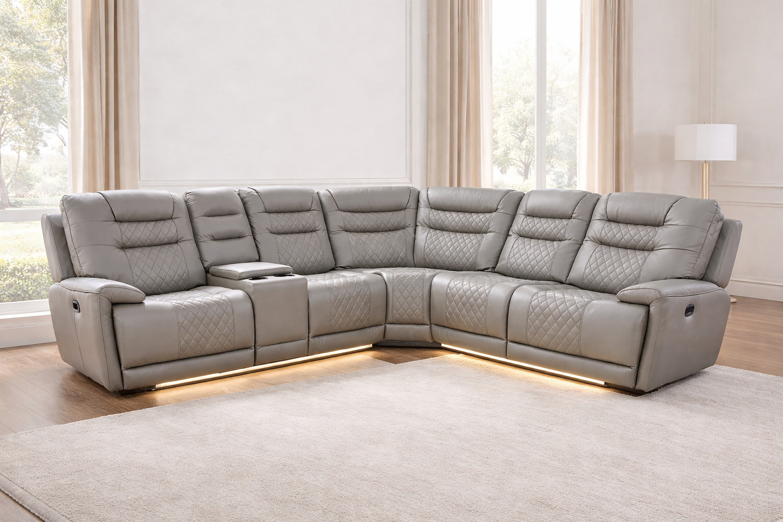 Halifax Leather Corner Sofa with Electric Recliners, LED Lights & Cupholders – Power Recliner with USB Charging Ports – Modern Grey Living Room Sofa