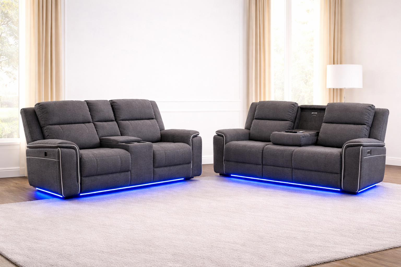 Hannah Electric Recliner 3+2 Sofa Set With Cupholders – 3+2 Seater – Soft Grey Micro Fabric – LED Lights & USB Ports