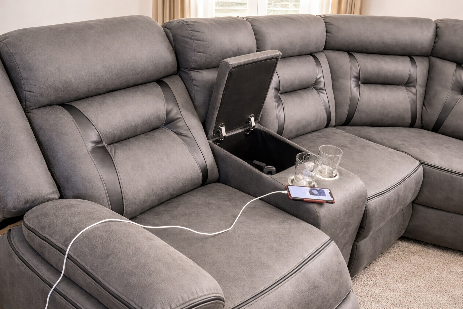 Nova Electric Fabric Recliner Corner Sofa in Grey with LED Lights & Console – Luxury L Shape Suite