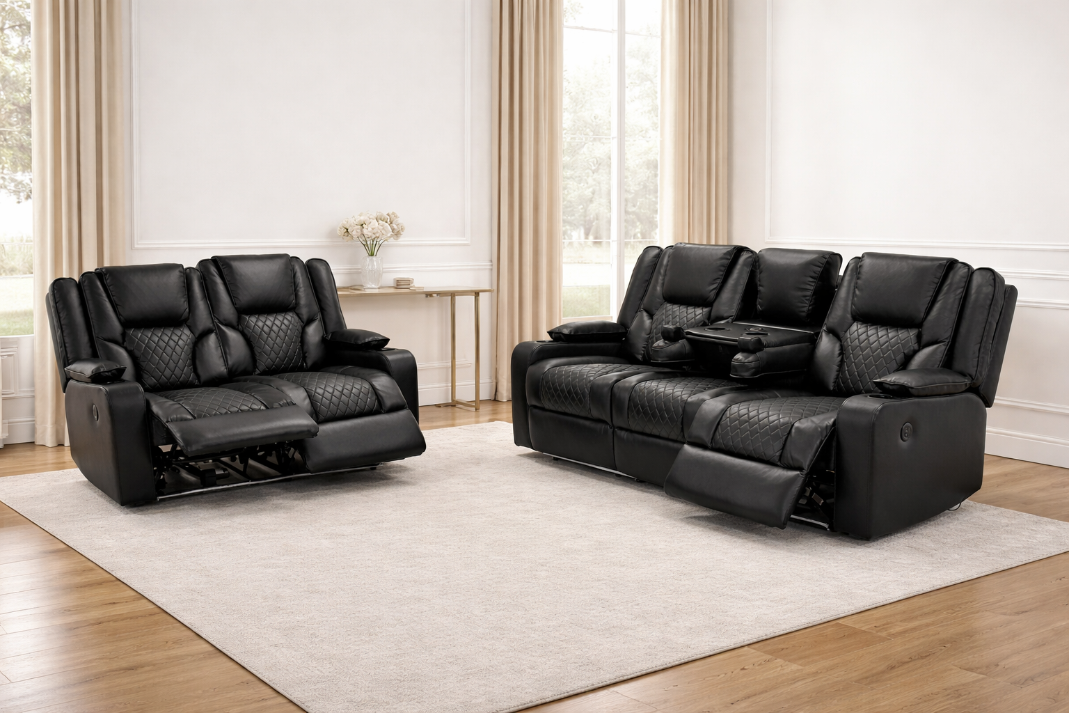 Orlando 3+2 Electric Recliner Sofa Set Black and Grey Leather| USB | Cup Holders | LED