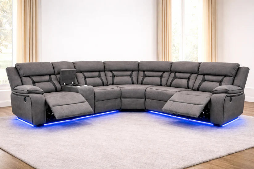 Nova Electric Fabric Recliner Corner Sofa in Grey with LED Lights & Console – Luxury L Shape Suite